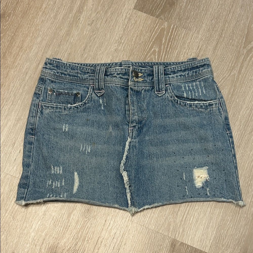 Vintage SO So Real So Right Distressed and Embellished Mini Skirt